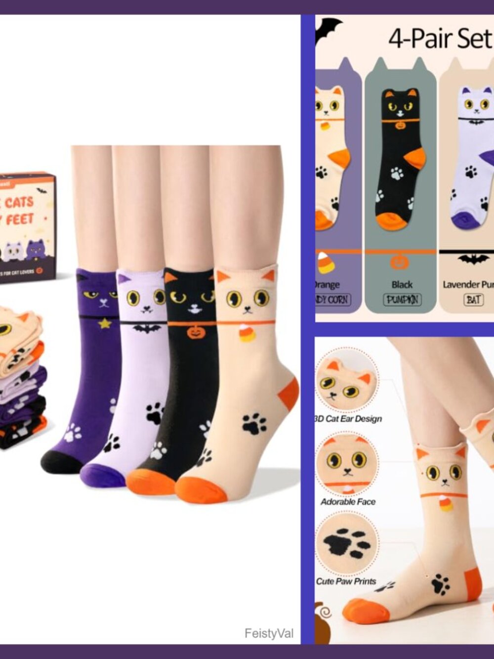 Women's Cat Halloween Crew Socks 4 Pairs Cotton Blend Cat Lover Gift
